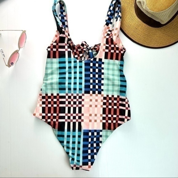 MINKPINK Penelope One Piece Swimsuit Small Tie Front Cutout Check NWT Swim - Picture 6 of 7